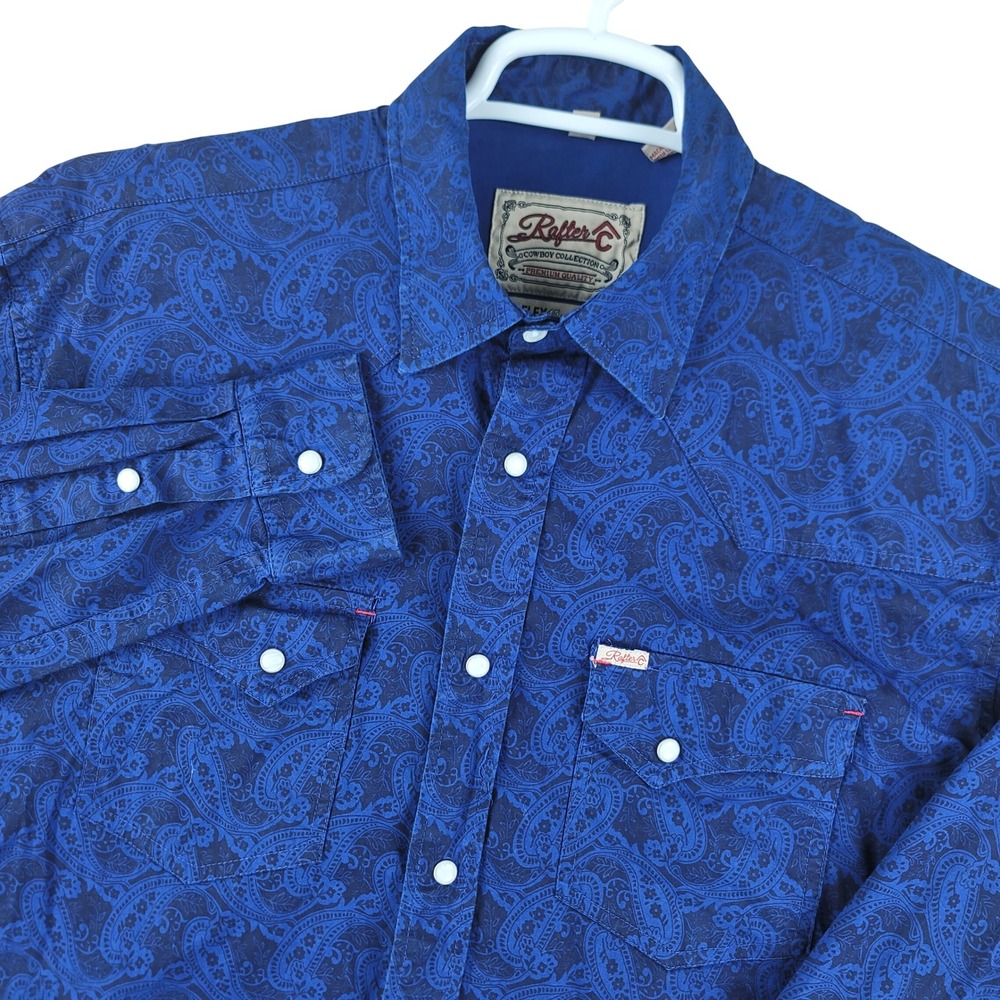 Rafter C Western Shirt Mens Large Blue Paisley Pearl Snap ProFlex45 Performance